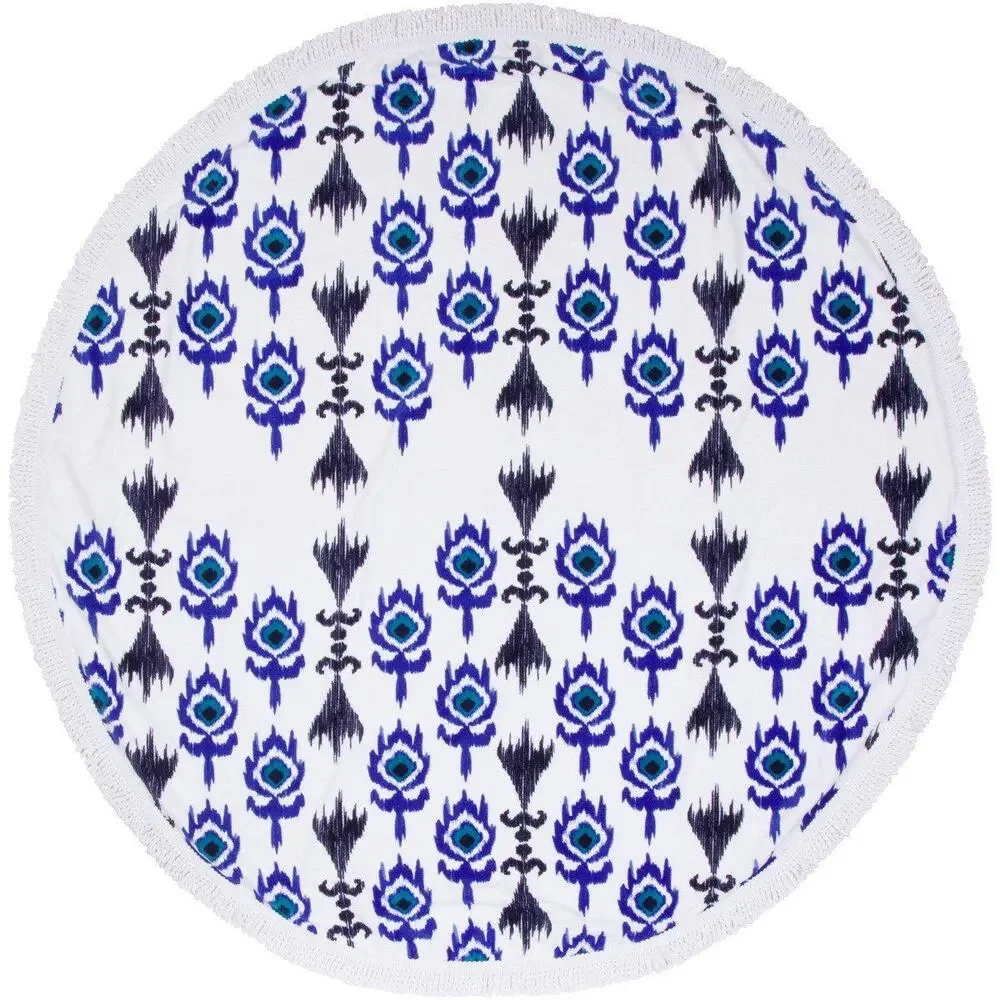 SwimZip White/Blue Ikat Pattern Fringe Trim Terry Cloth Round Beach Towel 60”